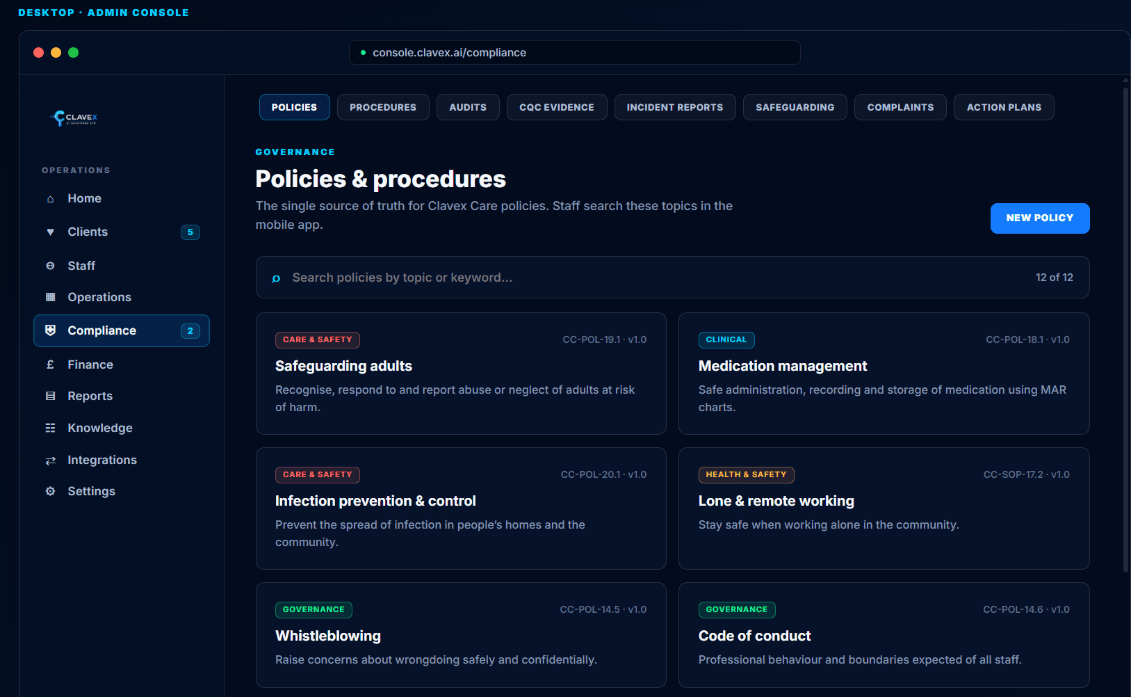 Clavex Care compliance library prototype showing policies and procedures